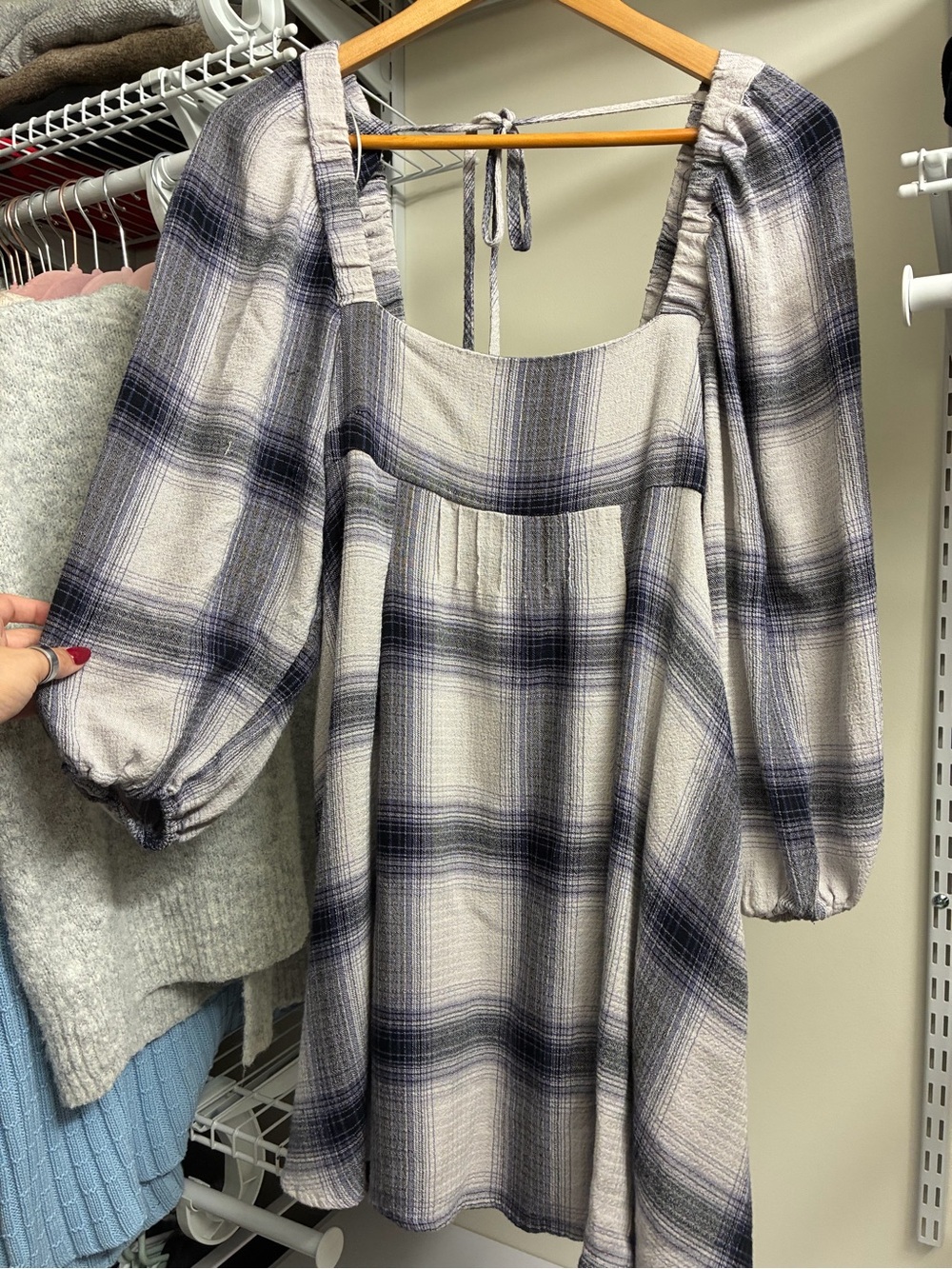 Urban Outfitters Gray Plaid Puff-Sleeve Square-Neck baby doll dress